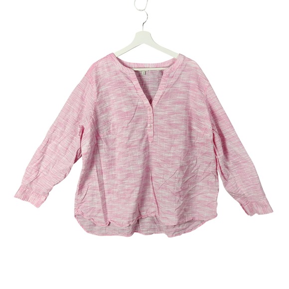 Talbots Cotton Popover Top Pink White Striped 3/4 Sleeve Button Neck Womens 3X - Picture 1 of 7